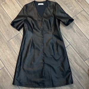 Oak + Fort Faux Leather Elegant Black Button-Down Dress. Size XS. Short sleeve.